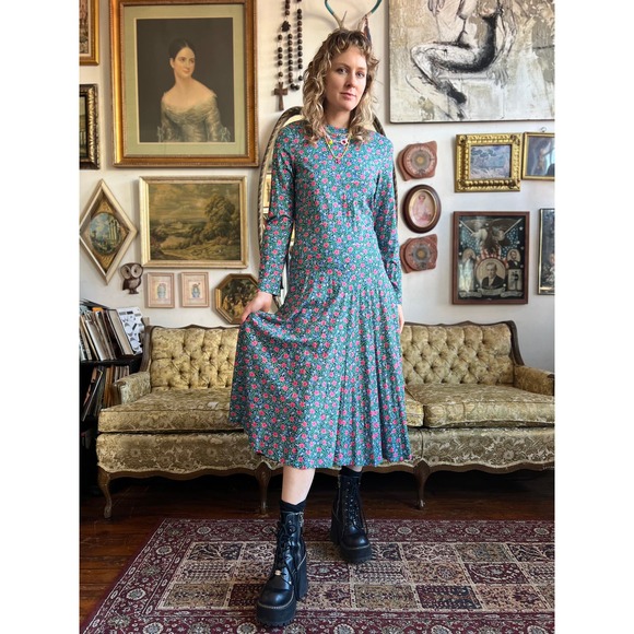 Vintage Blue Floral All over Print Long Sleeve Maxi Dress Size Small - Picture 3 of 9